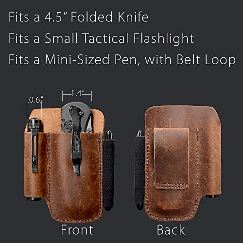 diodrio EDC Belt Knife Sheath Organizer for 4.5" Knife, Fit 0.6" Diameter Tactical Flashlight, Pocket Slip Tool Pouch, Pen Loop, EDC Holster Essential Carrier, Premium Leather. Chestnut. - Image 2