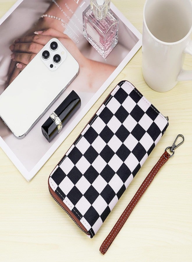 BUNCHBRAVO Checkered Wallet for Women with Wrist Strap – Zip Around Canvas Clutch with Card Slots, Cash Pocket & Interior Zip Pouch, Black & White Plaid - Image 2