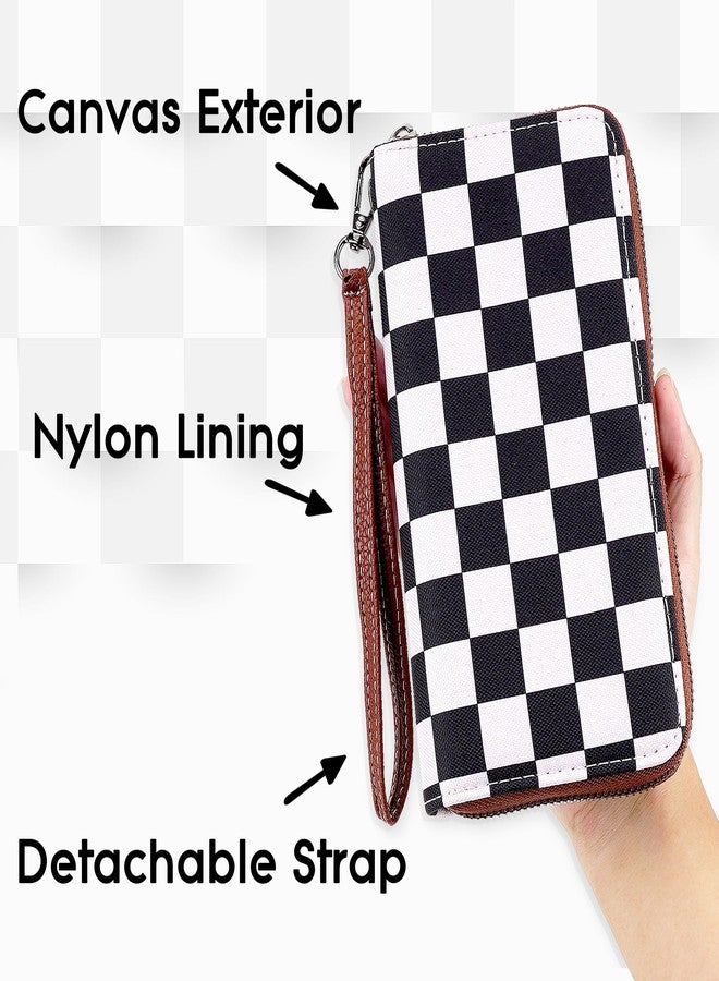 BUNCHBRAVO Checkered Wallet for Women with Wrist Strap – Zip Around Canvas Clutch with Card Slots, Cash Pocket & Interior Zip Pouch, Black & White Plaid - Image 5