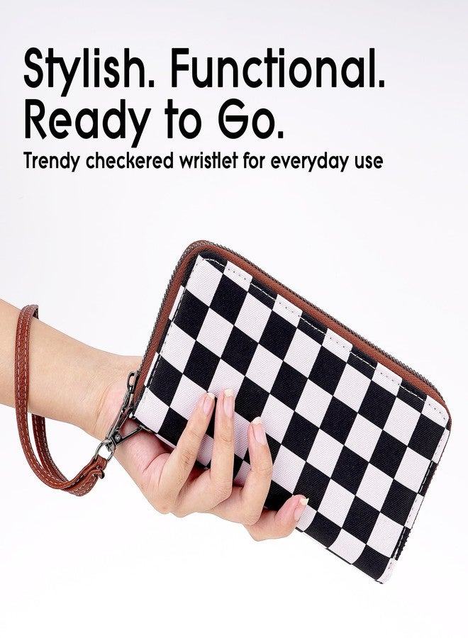 BUNCHBRAVO Checkered Wallet for Women with Wrist Strap – Zip Around Canvas Clutch with Card Slots, Cash Pocket & Interior Zip Pouch, Black & White Plaid - Image 3