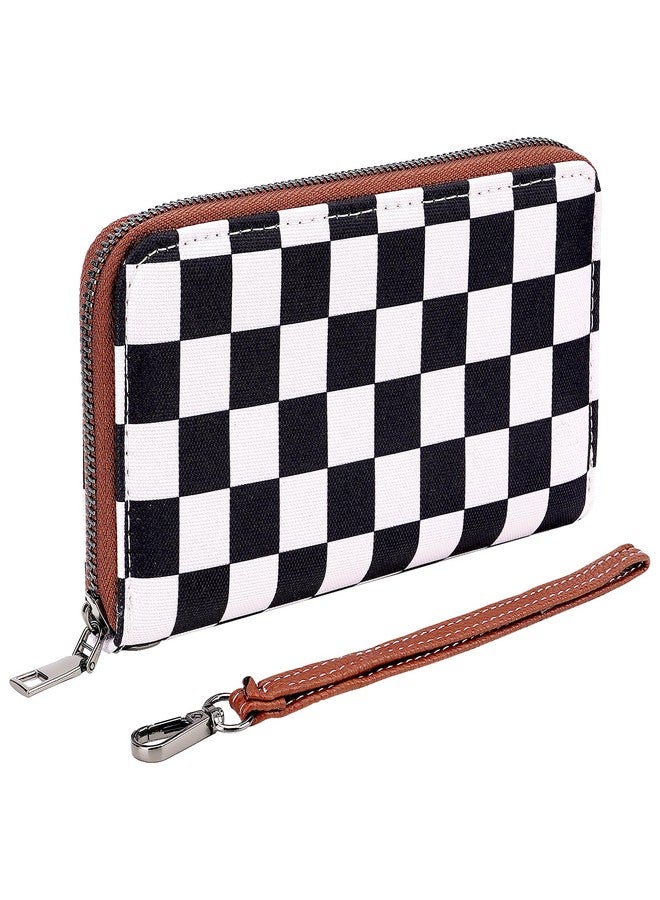 BUNCHBRAVO Checkered Wallet for Women with Wrist Strap – Zip Around Canvas Clutch with Card Slots, Cash Pocket & Interior Zip Pouch, Black & White Plaid - Image 1