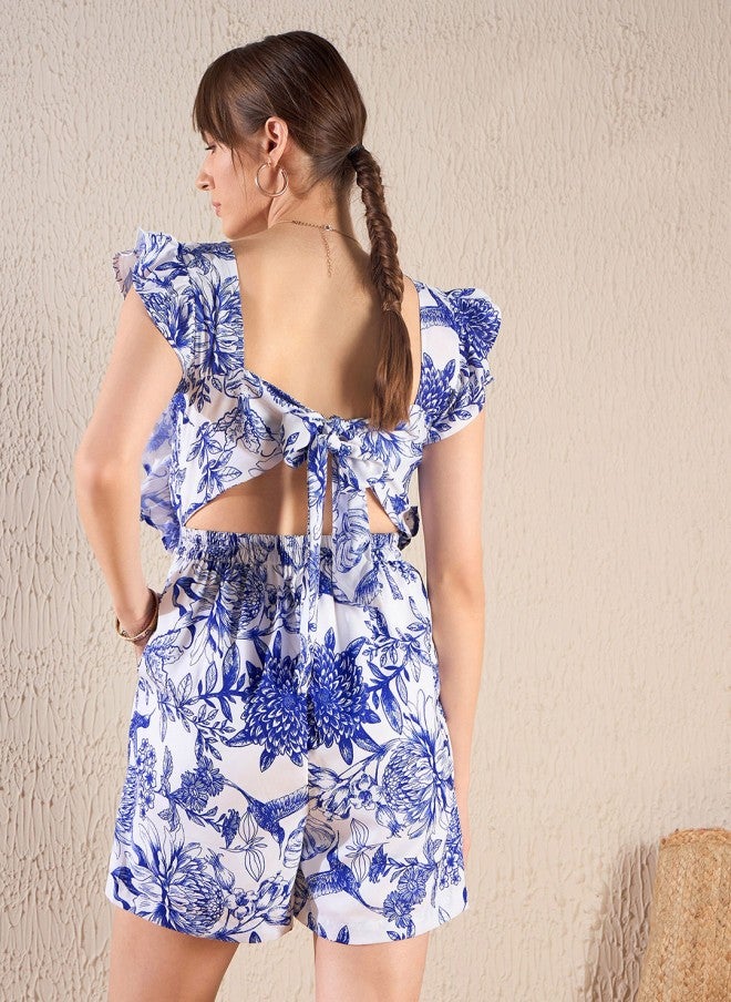 ساسافراس جمبسوت نسائي مربع بياقة وطبعات زهور زرقاء - Image 4