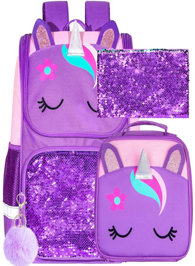 UFNDC 3PCS Unicorn Backpack for Girls,15" Kids Sequin Bookbag with Lunch Box,Pink/Purple School Bag for Elementary Preschool Toddler, 15 Unicorn Purple, One Size - Image 1
