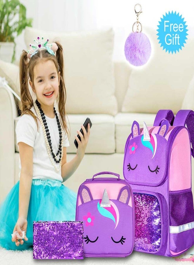 UFNDC 3PCS Unicorn Backpack for Girls,15" Kids Sequin Bookbag with Lunch Box,Pink/Purple School Bag for Elementary Preschool Toddler, 15 Unicorn Purple, One Size - Image 3