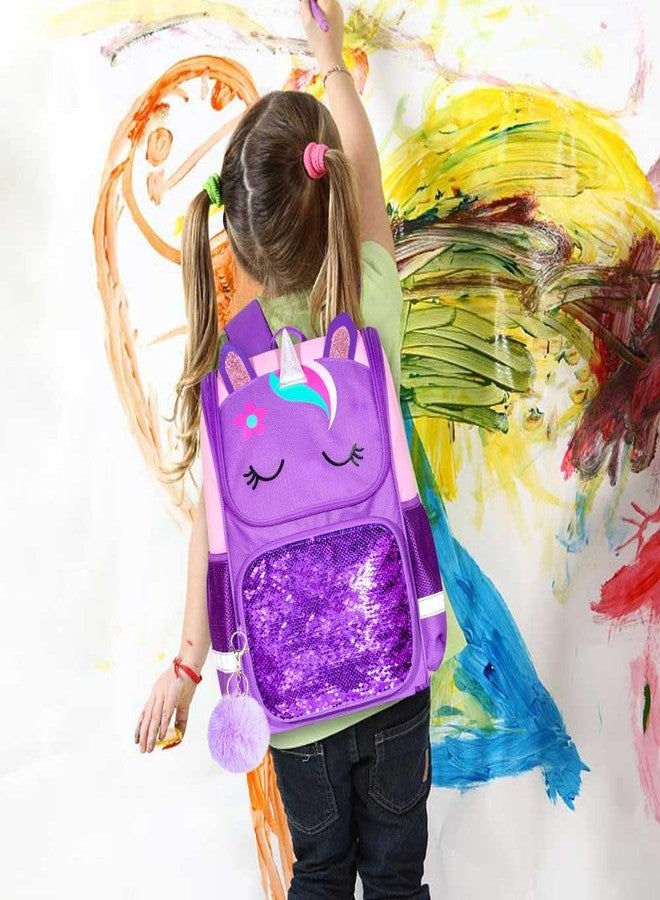 UFNDC 3PCS Unicorn Backpack for Girls,15" Kids Sequin Bookbag with Lunch Box,Pink/Purple School Bag for Elementary Preschool Toddler, 15 Unicorn Purple, One Size - Image 2