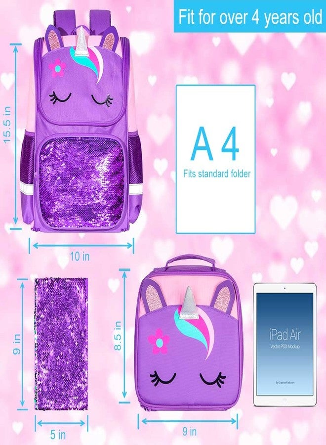 UFNDC 3PCS Unicorn Backpack for Girls,15" Kids Sequin Bookbag with Lunch Box,Pink/Purple School Bag for Elementary Preschool Toddler, 15 Unicorn Purple, One Size - Image 5