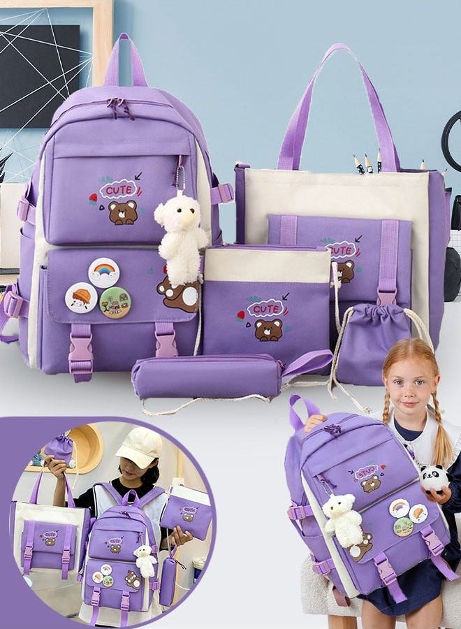 مجموعة حقائب الظهر للبالغين مكونة من 5 قطع، حقيبة ظهر مدرسية مع ميدالية، حقيبة غداء، مقلمة، حقيبة يد، ومحفظة نقود للفتيات المراهقات - Image 1