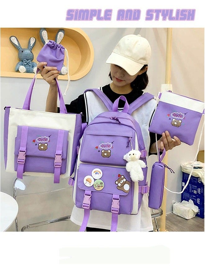 مجموعة حقائب الظهر للبالغين مكونة من 5 قطع، حقيبة ظهر مدرسية مع ميدالية، حقيبة غداء، مقلمة، حقيبة يد، ومحفظة نقود للفتيات المراهقات - Image 2