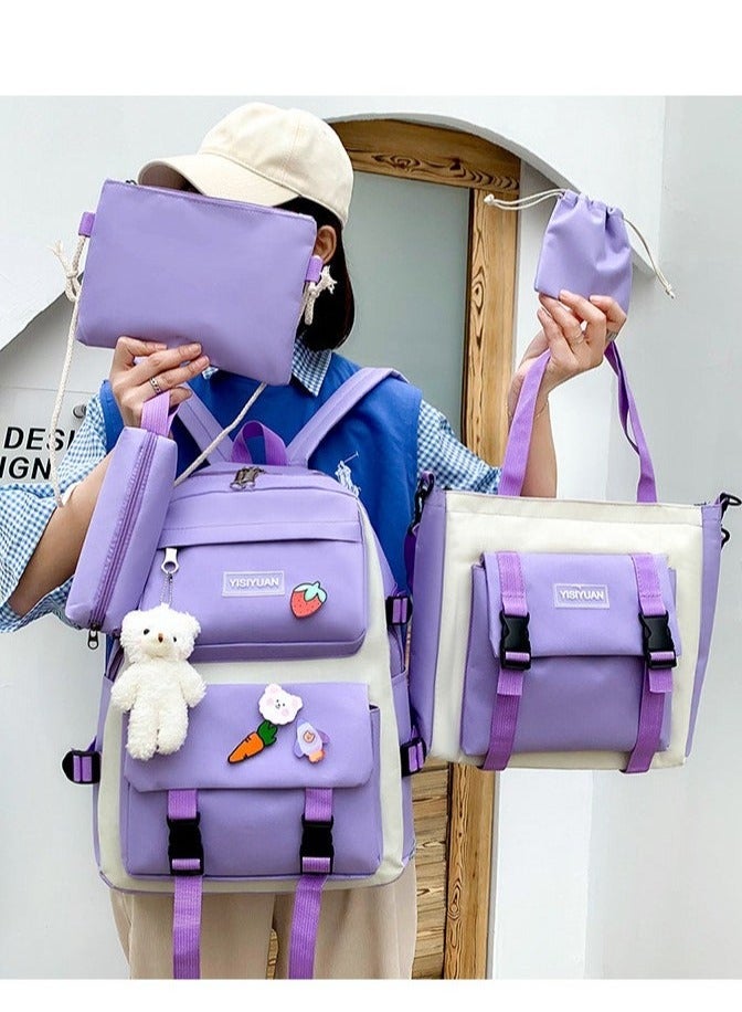 مجموعة حقائب الظهر للبالغين مكونة من 5 قطع، حقيبة ظهر مدرسية مع ميدالية، حقيبة غداء، مقلمة، حقيبة يد، ومحفظة نقود للفتيات المراهقات - Image 3