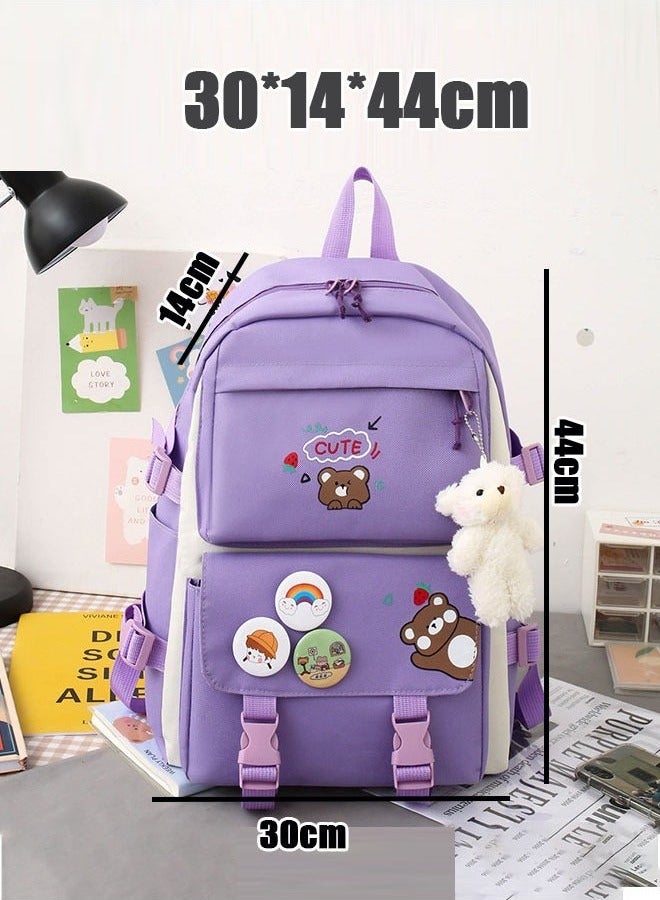 مجموعة حقائب الظهر للبالغين مكونة من 5 قطع، حقيبة ظهر مدرسية مع ميدالية، حقيبة غداء، مقلمة، حقيبة يد، ومحفظة نقود للفتيات المراهقات - Image 4