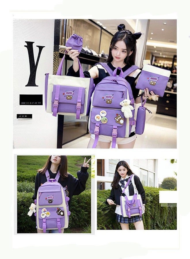 مجموعة حقائب الظهر للبالغين مكونة من 5 قطع، حقيبة ظهر مدرسية مع ميدالية، حقيبة غداء، مقلمة، حقيبة يد، ومحفظة نقود للفتيات المراهقات - Image 5