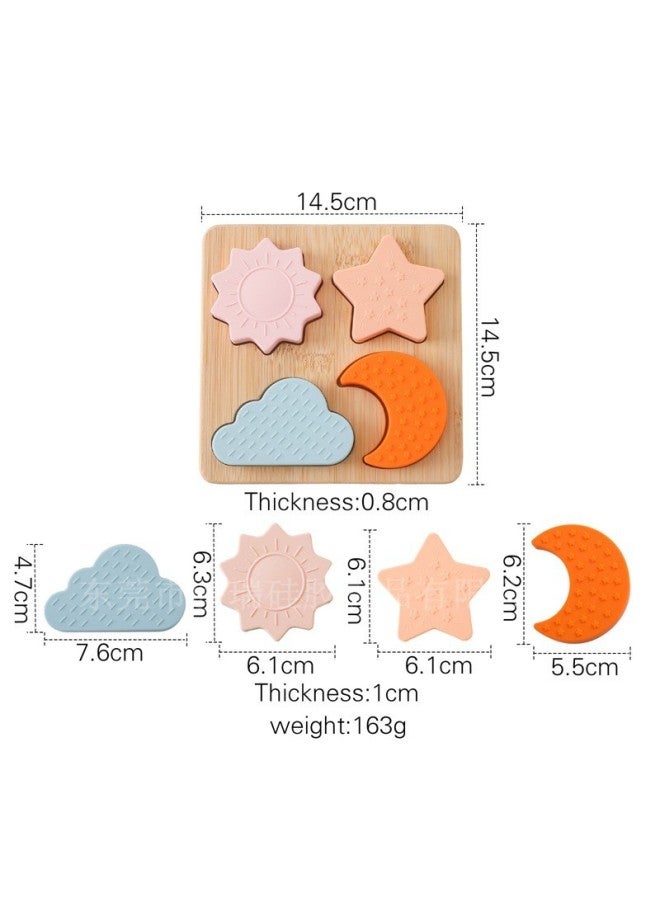 Food Grade Silicone Educational Toys Early Learning Shape Recognition Puzzle Children Wooden 3D Assembly Board Baby Fun Playset-Color:Sky Shape Puzzle - Image 1