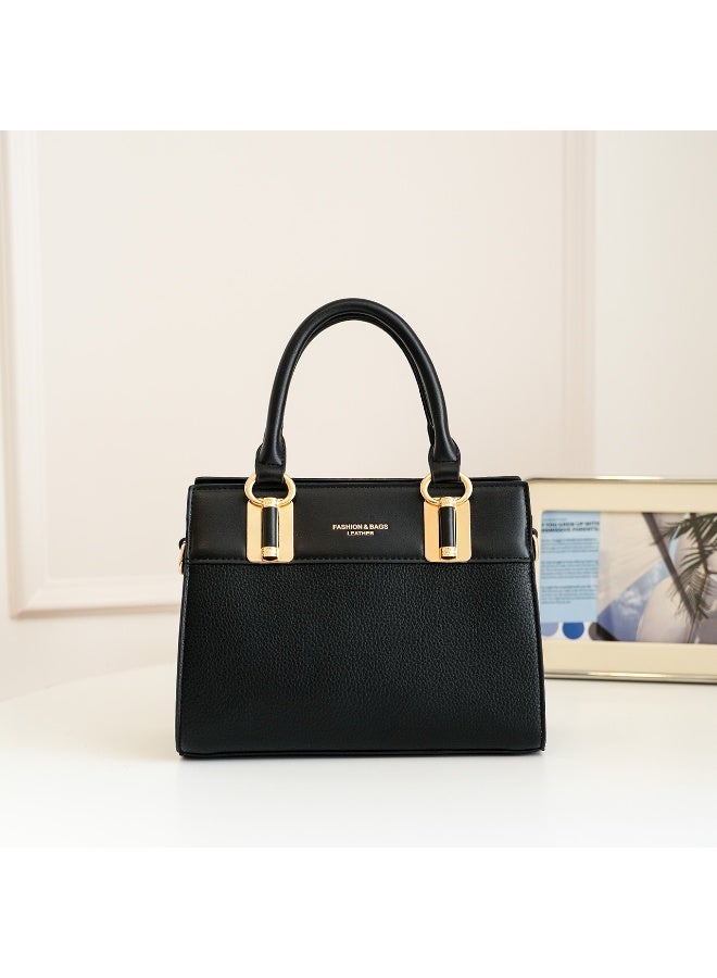 Women's Satchel Handbag, Black PU Leather with Gold-Tone Hardware, Dual Handles & Shoulder  Strap - Image 4