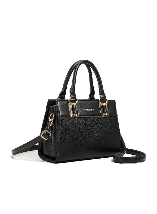 Women's Satchel Handbag, Black PU Leather with Gold-Tone Hardware, Dual Handles & Shoulder  Strap - Image 2