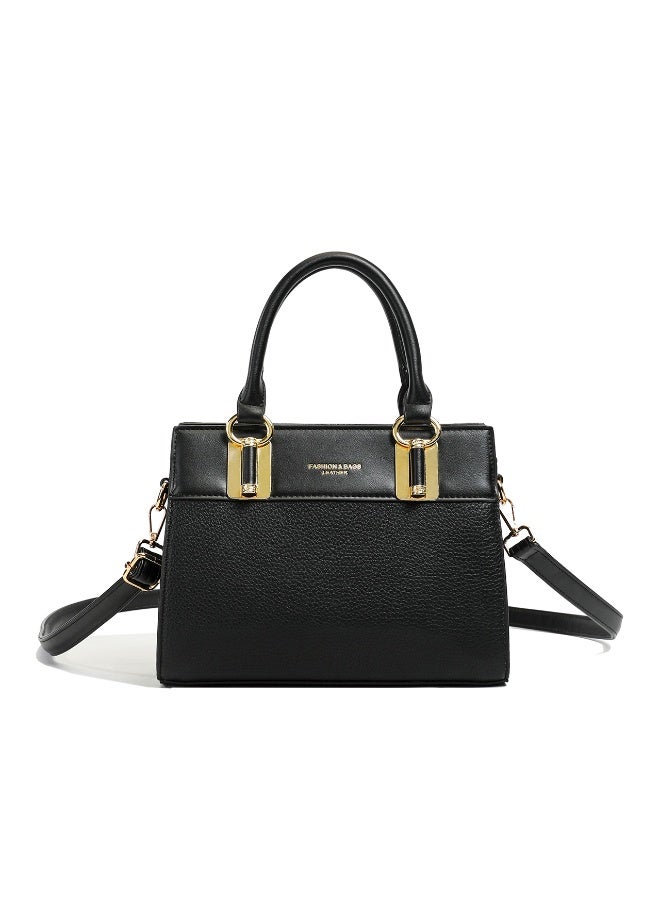 Women's Satchel Handbag, Black PU Leather with Gold-Tone Hardware, Dual Handles & Shoulder  Strap - Image 1