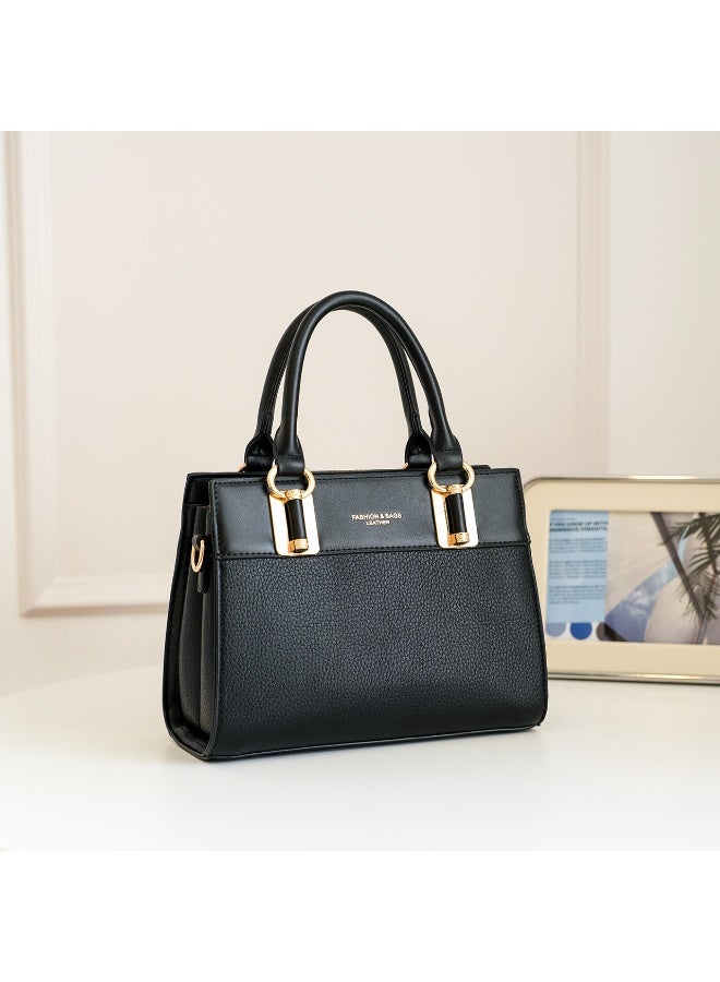 Women's Satchel Handbag, Black PU Leather with Gold-Tone Hardware, Dual Handles & Shoulder  Strap - Image 3