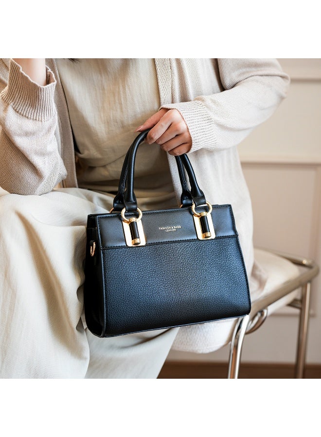 Women's Satchel Handbag, Black PU Leather with Gold-Tone Hardware, Dual Handles & Shoulder  Strap - Image 5