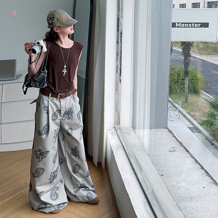 Girls' Korean-Style Sleeveless Vest Printed Wide-Leg Pants Suit Large And Medium-Size Children'S Backless Shirt Straight Pants 2025 - Image 1