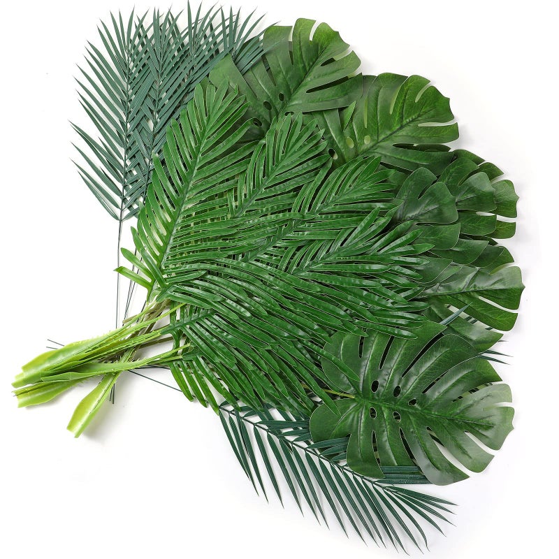 Cindeer 24 Pcs Artificial Palm Leaves 3 Kinds Large Faux Monstera Leaf Greenery Stems Safari Jungle Leaves for Hawaiian Christmas Easter Party Table Wedding Decorations - Image 1