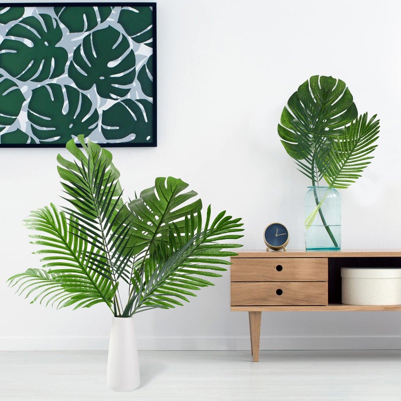 Cindeer 24 Pcs Artificial Palm Leaves 3 Kinds Large Faux Monstera Leaf Greenery Stems Safari Jungle Leaves for Hawaiian Christmas Easter Party Table Wedding Decorations - Image 4