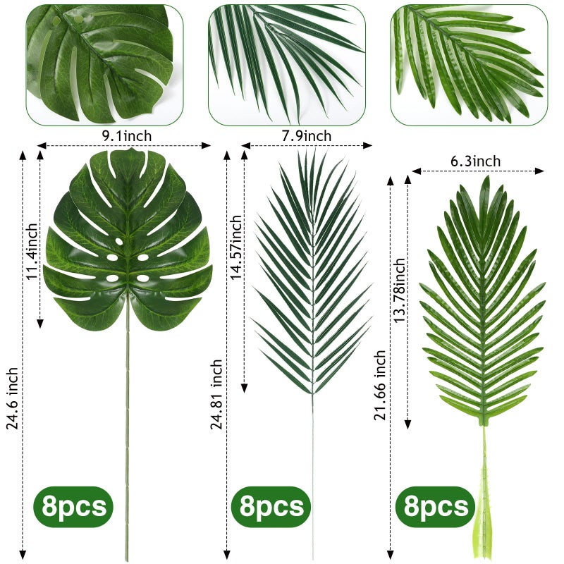 Cindeer 24 Pcs Artificial Palm Leaves 3 Kinds Large Faux Monstera Leaf Greenery Stems Safari Jungle Leaves for Hawaiian Christmas Easter Party Table Wedding Decorations - Image 2