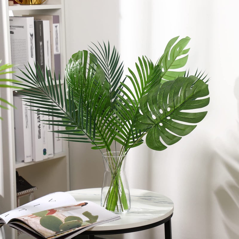 Cindeer 24 Pcs Artificial Palm Leaves 3 Kinds Large Faux Monstera Leaf Greenery Stems Safari Jungle Leaves for Hawaiian Christmas Easter Party Table Wedding Decorations - Image 5