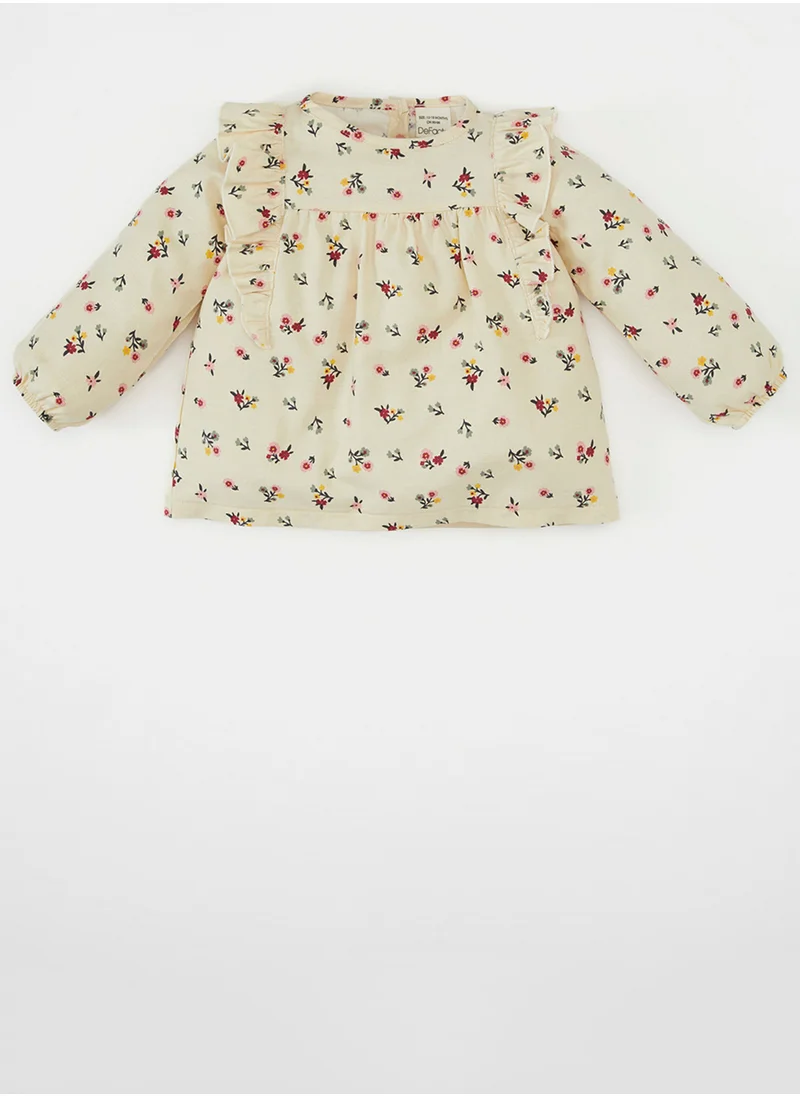 DeFacto Crew Neck Twill Floral Long Sleeve Shirt