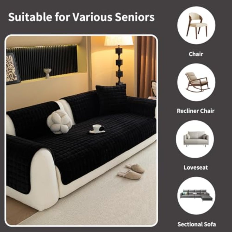 Velvet Couch Cover, Plush Sectional Sofa Cover Washable, Anti Slip Sofa Slipcover for Armrest and Backrest, Furniture Protector Covers for Pets and 1PC, Black, 27.6"×27.6", Single Seater - Image 4