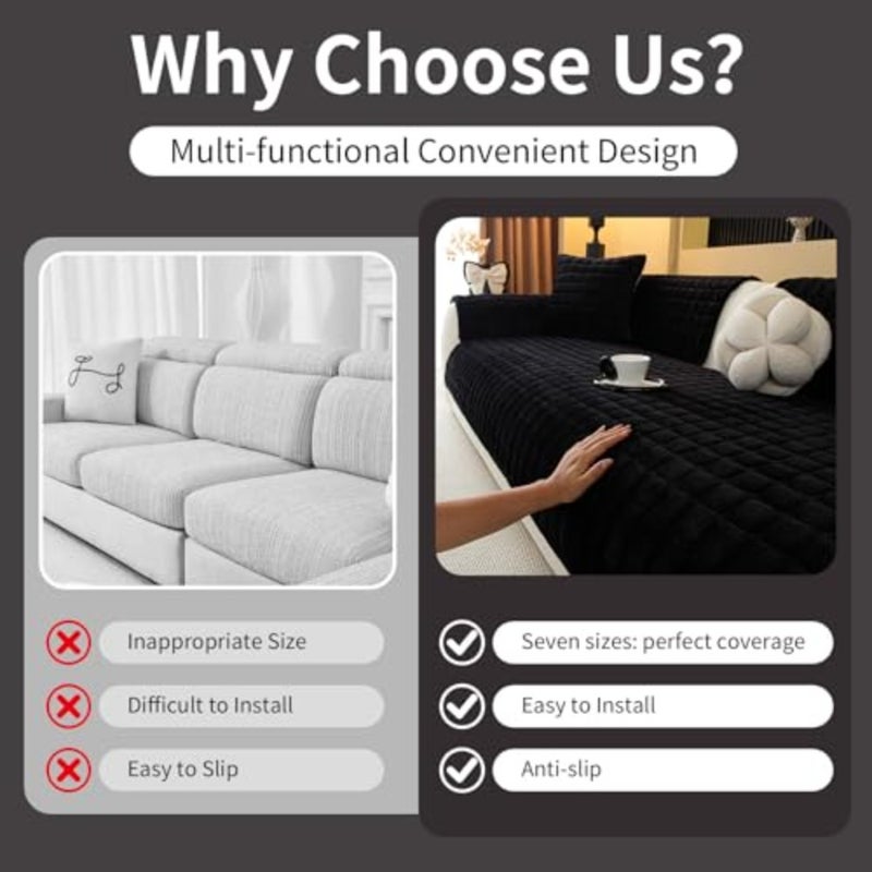 Velvet Couch Cover, Plush Sectional Sofa Cover Washable, Anti Slip Sofa Slipcover for Armrest and Backrest, Furniture Protector Covers for Pets and 1PC, Black, 27.6"×27.6", Single Seater - Image 3
