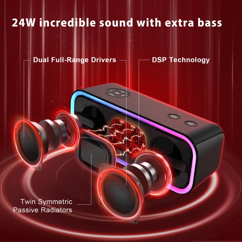 DOSS SoundBox Pro+ Bluetooth Speaker, Immersive 24W Stereo Sound with Booming Bass, IPX6 Waterproof, 15H Playtime, Mixed Colors Lights, Christmas and White Elephant Gift for Adults, Men, Women-Black - Image 2