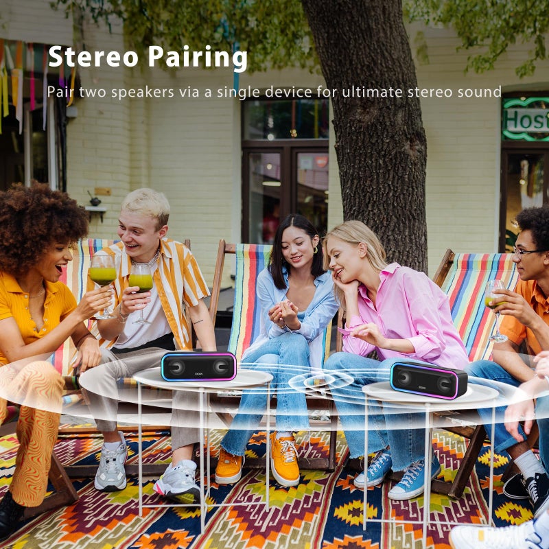 DOSS SoundBox Pro+ Bluetooth Speaker, Immersive 24W Stereo Sound with Booming Bass, IPX6 Waterproof, 15H Playtime, Mixed Colors Lights, Christmas and White Elephant Gift for Adults, Men, Women-Black - Image 4