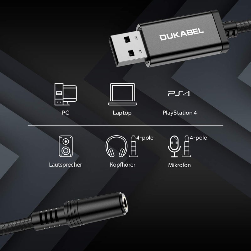 DUKABEL USB External Sound Card USB to 3.5 mm Jack Socket (4 Pole CTIA) Stereo Audio Adapter Cable External Sound Card for Headset, Speaker or 4 Pole TRRS Microphone - Black - Image 2