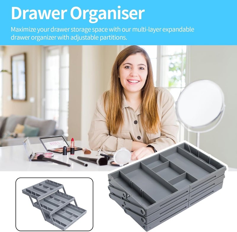 KASTWAVE Multi Level Smart Drawer Organizer, 3 Tier Drawer Organizer, Expandable Miscellaneous Drawer Organizer, Folding, For Cosmetics, Jewelry, Desk, Office, Kitchen, Jewelry, Office Supplies Storage - Gray - Image 3