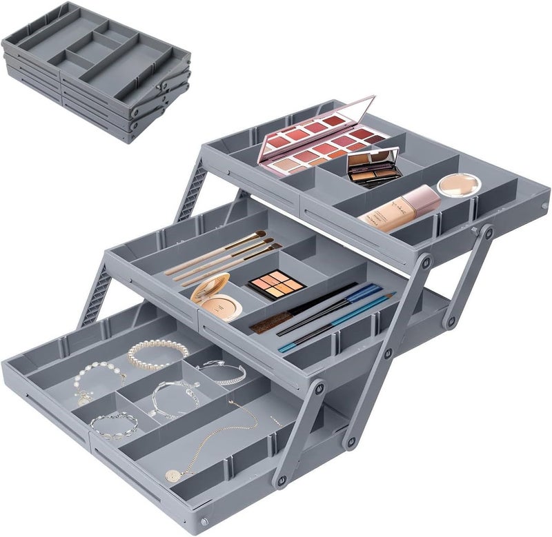 KASTWAVE Multi Level Smart Drawer Organizer, 3 Tier Drawer Organizer, Expandable Miscellaneous Drawer Organizer, Folding, For Cosmetics, Jewelry, Desk, Office, Kitchen, Jewelry, Office Supplies Storage - Gray - Image 1