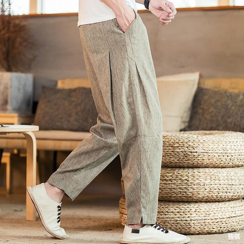 Linen Pants Men'S Summer Thin Chinese Style Men'S Cotton And Linen Pants Straight Barrel Loose Ice Silk Air Conditioning Casual Ankle-Length Pants - Image 3