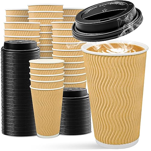 Ginkgo 100 Pack Disposable Coffee Cups with Lids 16 oz Insulated Ripple Wall To Go Paper Cups for Party Home and Travel  Beige