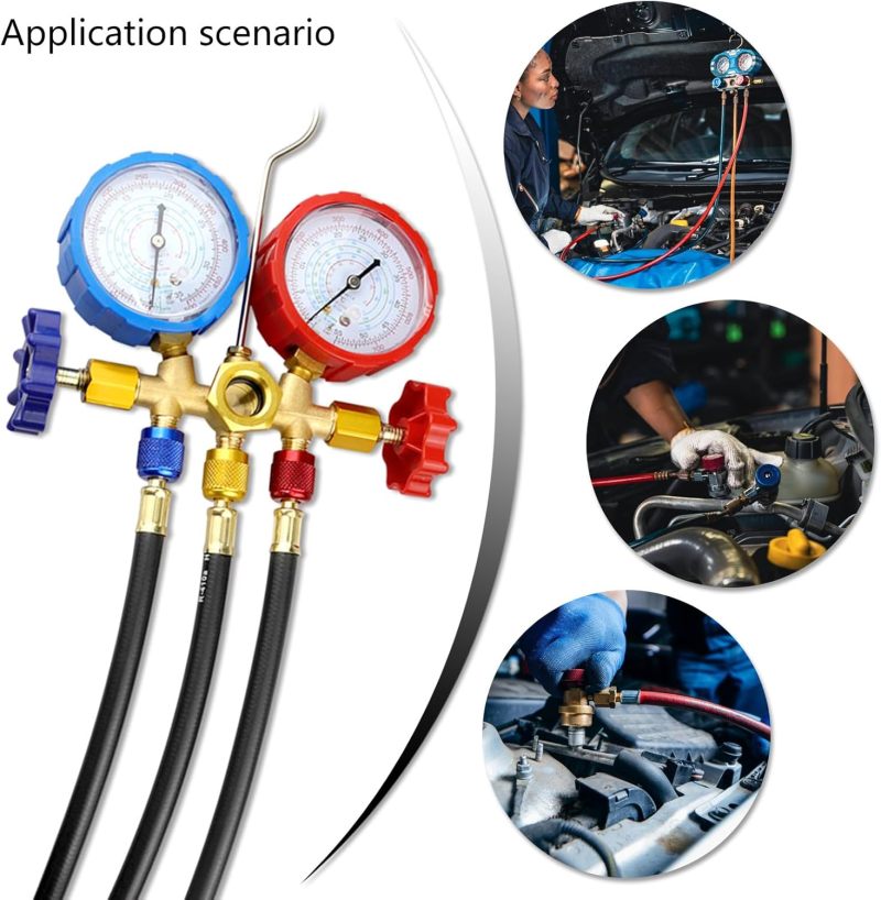 HVAC Manifold Gauges: 1.5m Black Rubber Hoses With 4 Brass Adapters - 800 PSI Working 4000 PSI Burst Pressure Refrigerant Gauges for HVAC Professionals, Home Enthusiasts, Automotive & Home AC Maintena - Image 3