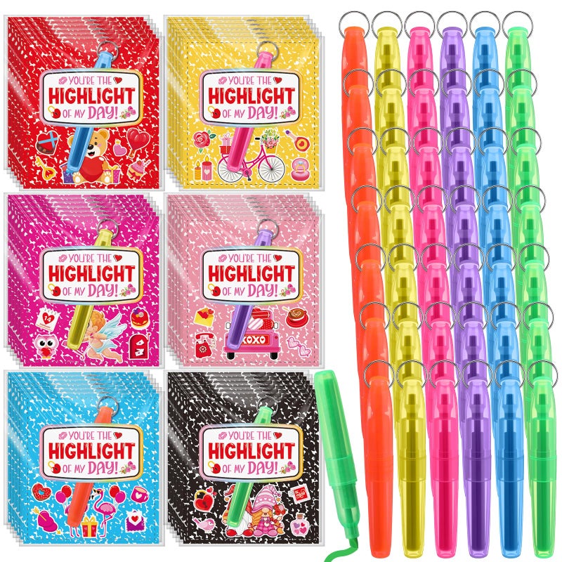 LemonSecret 72 Pcs Valentine's Day Highlighters and Cards Valentine Gifts Bulk Assorted Colors Highlighter Markers with Key Ring for Office Teacher Party Favors Supplies - Image 5