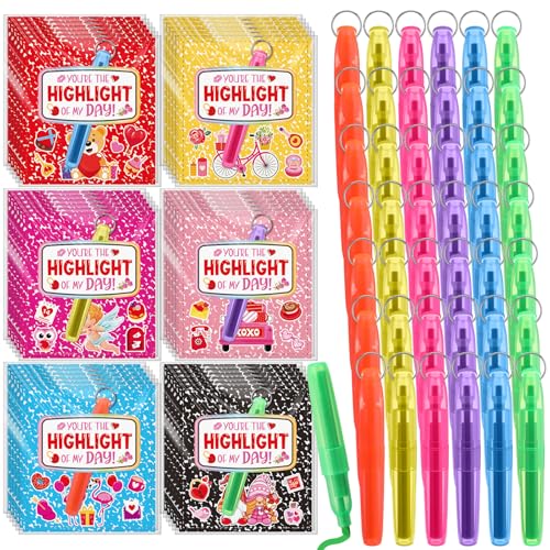 LemonSecret 72 Pcs Valentine's Day Highlighters and Cards Valentine Gifts Bulk Assorted Colors Highlighter Markers with Key Ring for Office Teacher Party Favors Supplies - Image 1