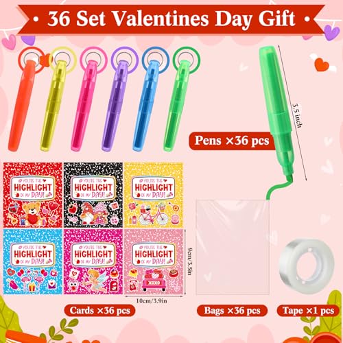LemonSecret 72 Pcs Valentine's Day Highlighters and Cards Valentine Gifts Bulk Assorted Colors Highlighter Markers with Key Ring for Office Teacher Party Favors Supplies - Image 2