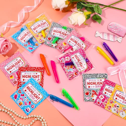 LemonSecret 72 Pcs Valentine's Day Highlighters and Cards Valentine Gifts Bulk Assorted Colors Highlighter Markers with Key Ring for Office Teacher Party Favors Supplies - Image 3