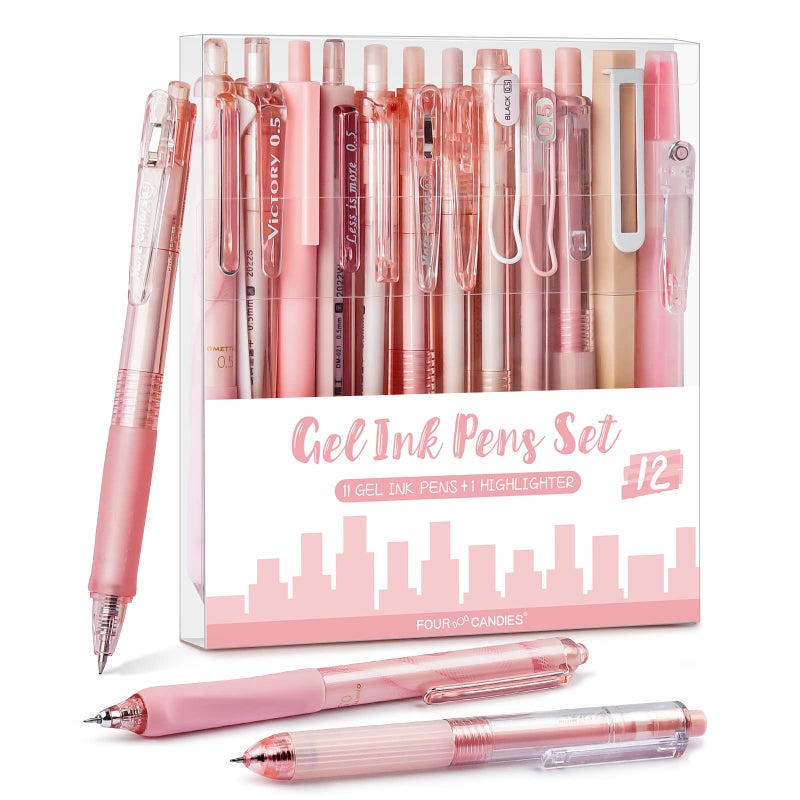Four Candies Rose Series Gel Pens, Cute Writing Pens with Black & Pink Ink, 0.5 mm Smooth Fine Point, School Office Supplies Girly Stationery Aesthetic Desk Accessories for Women, Set of 12 - Image 1