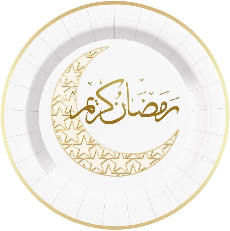 ذا بارتي بوبير أطباق ورقية رمضان كريم - عبوة من 8 قطع - 7 بوصة - تصميم أنيق بهلال ذهبي وخط عربي، أدوات مائدة إسلامية للإفطار والسحور وديكور العيد - Image 1