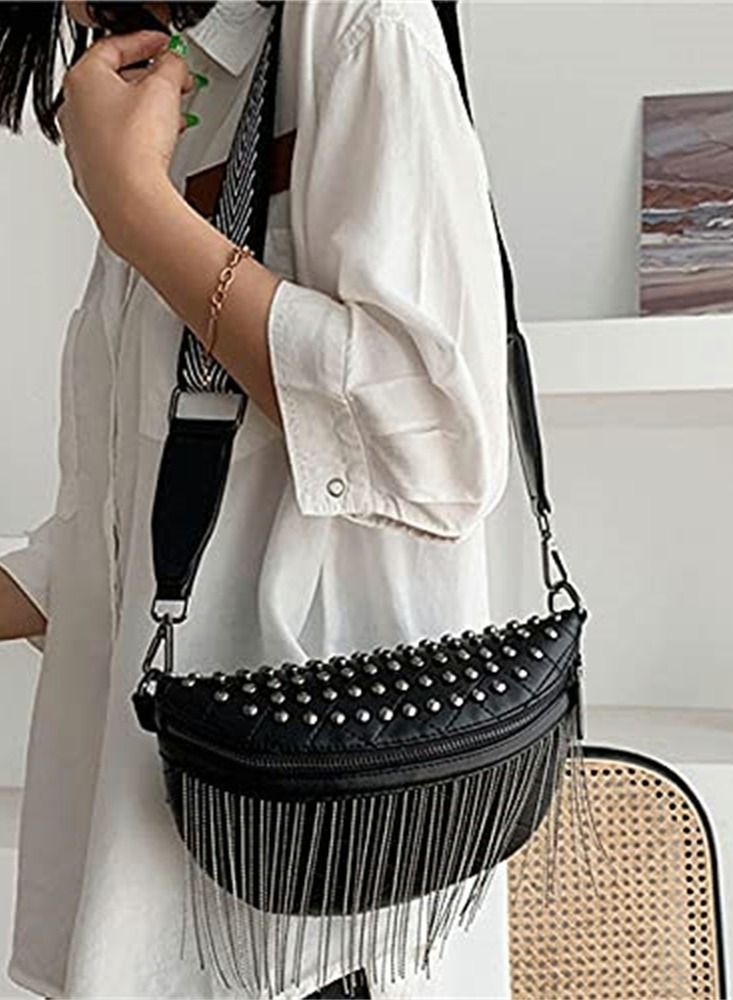 Excefore Pack for Women Girls Leather Glitter Rhinestone Tassel Crossbody Shoulder Bag Rivet Chest Fashion Waist Bag, Black - Image 3