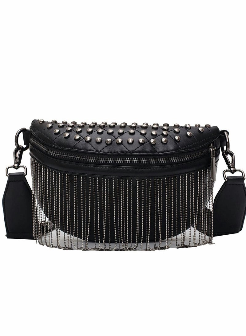Excefore Pack for Women Girls Leather Glitter Rhinestone Tassel Crossbody Shoulder Bag Rivet Chest Fashion Waist Bag, Black - Image 1
