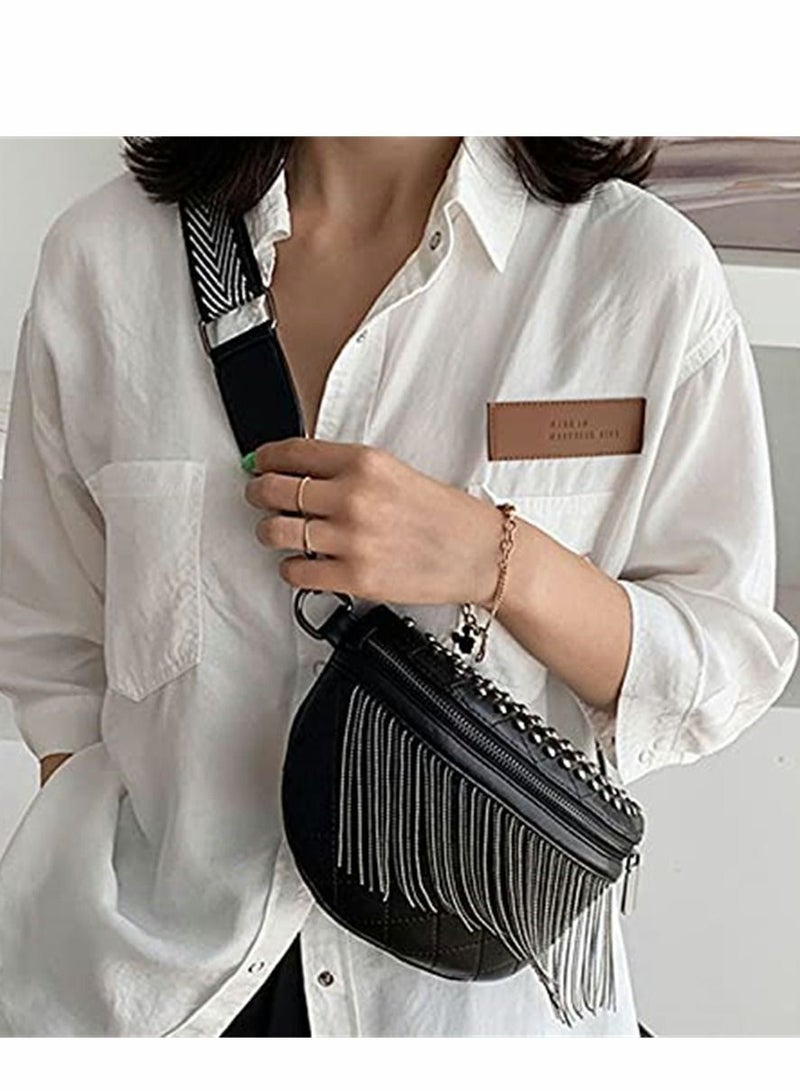 Excefore Pack for Women Girls Leather Glitter Rhinestone Tassel Crossbody Shoulder Bag Rivet Chest Fashion Waist Bag, Black - Image 2
