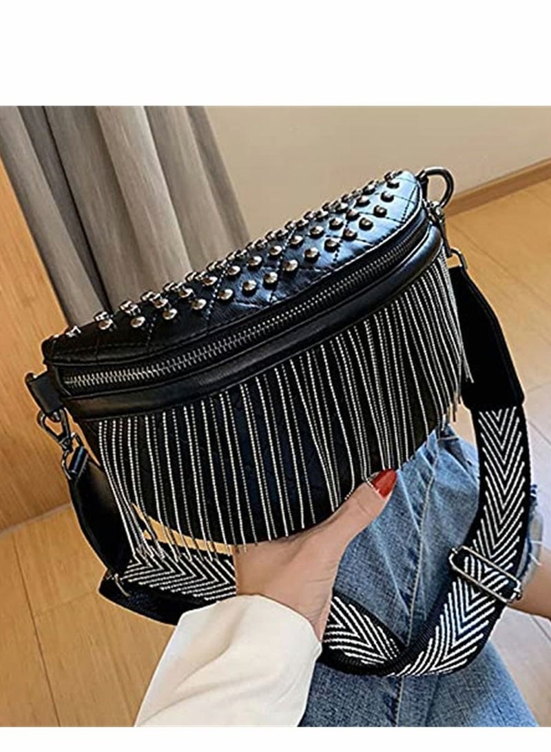 Excefore Pack for Women Girls Leather Glitter Rhinestone Tassel Crossbody Shoulder Bag Rivet Chest Fashion Waist Bag, Black - Image 4
