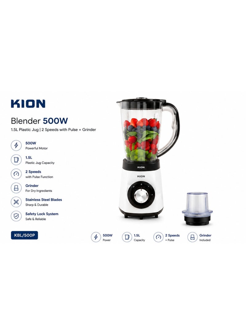 KION Blender 500W 1.5L Plastic Jug With 2 Speeds With Pulse + Grinder - BBB5015PP00 1.5 L 500 W BBB5015PP00 Multicolor - Image 1