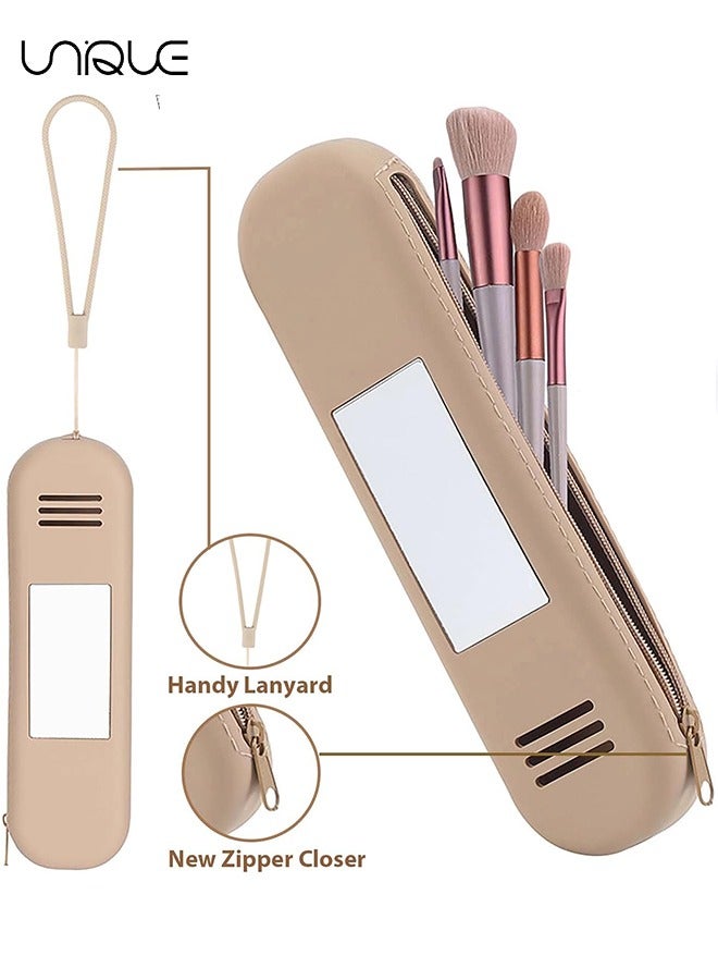Unique Silicone Makeup Brush Bag - Portable, Anti-Fall, Zipper Closure, with Soft Mirror & Breathable Air Holes - Ideal for Daily Use, Travel & Work - Perfect Gift for Women (Khaki) - Image 3