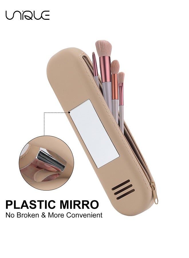 Unique Silicone Makeup Brush Bag - Portable, Anti-Fall, Zipper Closure, with Soft Mirror & Breathable Air Holes - Ideal for Daily Use, Travel & Work - Perfect Gift for Women (Khaki) - Image 4